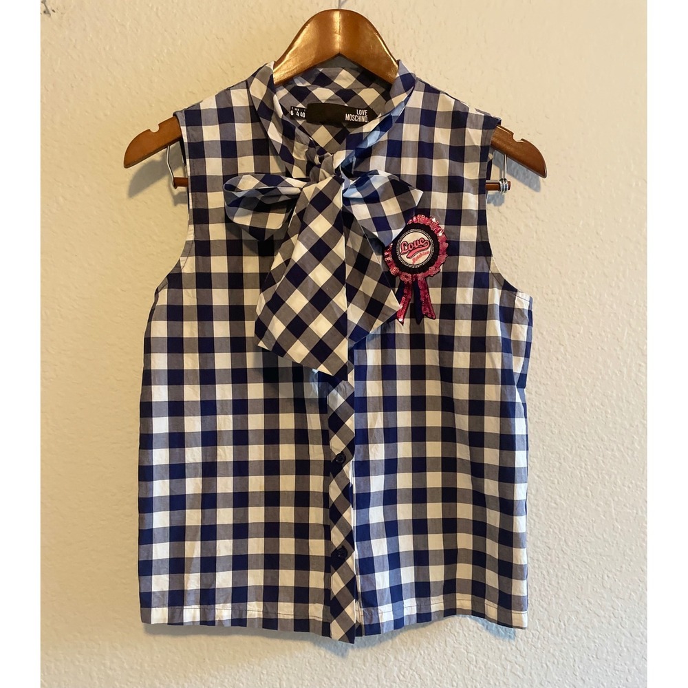 Love Moschino Gingham Bow Neck Sleeveless Top Navy White Sequin Patch Size 4